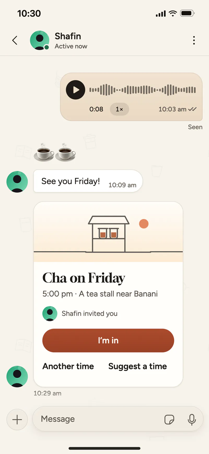 A cha plan in a chat: Cha on Friday, 5:00 pm, a tea stall nearby, with I’m in, Another time and Suggest a time.