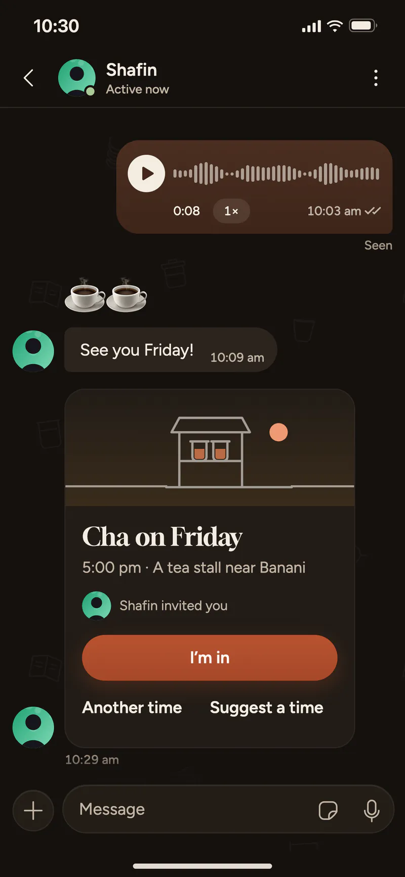 A cha plan in a chat: Cha on Friday, 5:00 pm, a tea stall nearby, with I’m in, Another time and Suggest a time.